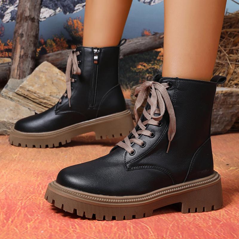 Fashion Autumn Winter Short Plush Ankle Boots Women Fashion Lace Up Pu Leather Platform Boots Woman Thick Sole Motorcycle Botas Mujer 42