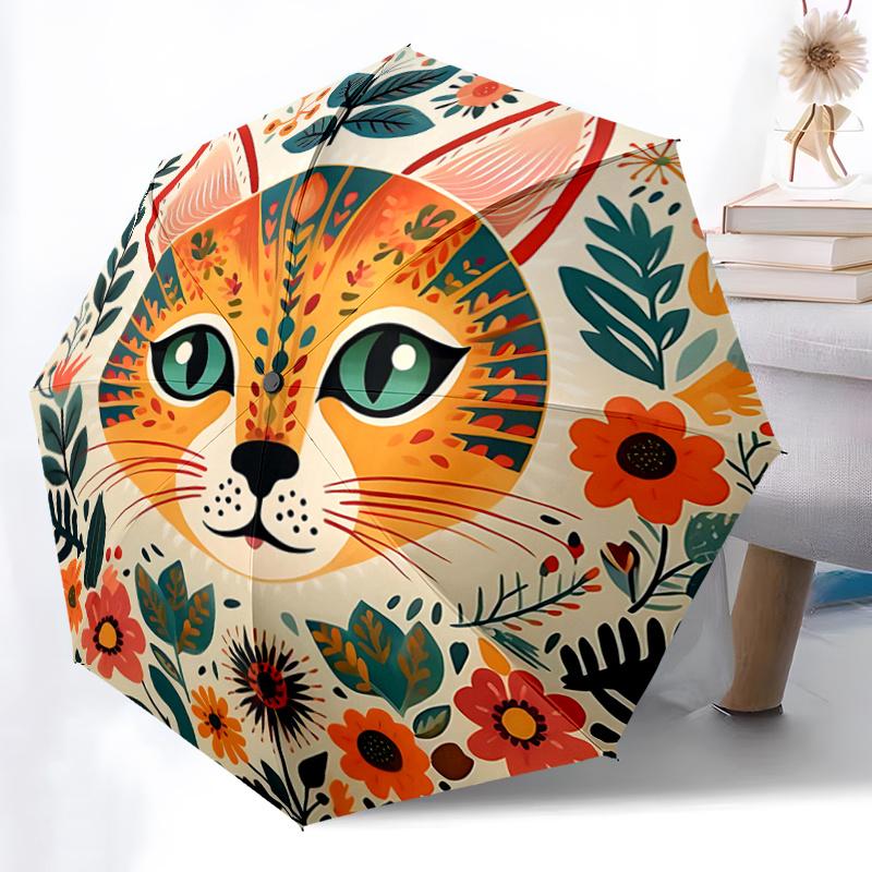 1pc Orange Cat Art Pattern Automatic Umbrella, 8 Iron Frames,Suitable for Office, Travel and Outdoor Adventure.A060