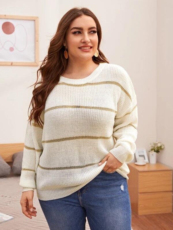 Large size women's sweater autumn and winter European and American knitted sweater women's sequins elegant wind extra large size
