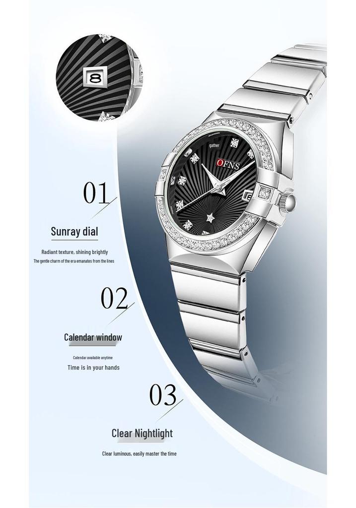 OFNS Women's Luxury Quartz Watch: Diamond-Inlaid Round Dial, Calendar, Waterproof, Luminous, Elegant Design.