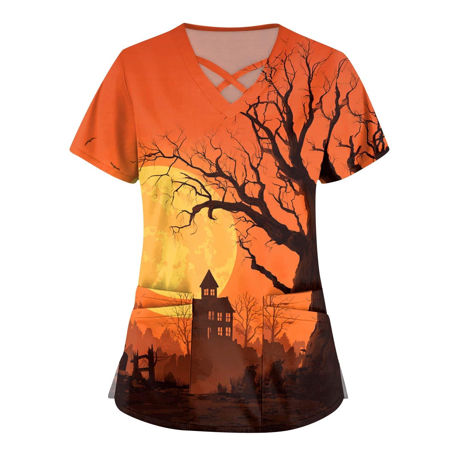 

Women s Fashion Cross V Neck Short Sleeve Overalls Double Pockets Halloween Printed Tops Uniforms XXXXL шафрановий