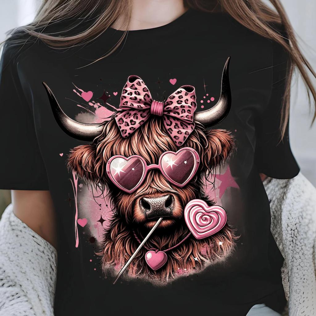 Funny Valentine Highland Cow Womens Short Sleeve T Shirt Retro Pink Bow Heart Sunglasses Cow Tshirt Fashion Gothic Tshirt