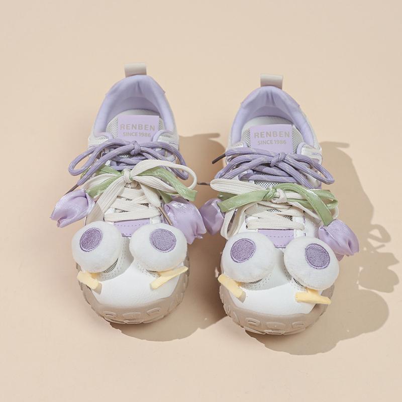 Fashion Casual Sneakers Spring Autumn Women Synthetic Leather Patchwork Mixed Colors Lace-Up Round Toe Love Kawaii Ladies Waffle Shoes