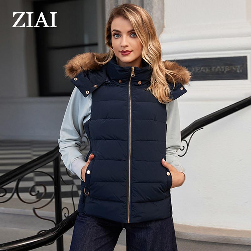 

ziai Новые женские пуховые жилеты без рукавов с меховым воротником и капюшоном, пуховая куртка для девочек, ветрозащитная стеганая парка, тонкая женская верхняя одежда ZR-L006 L синий