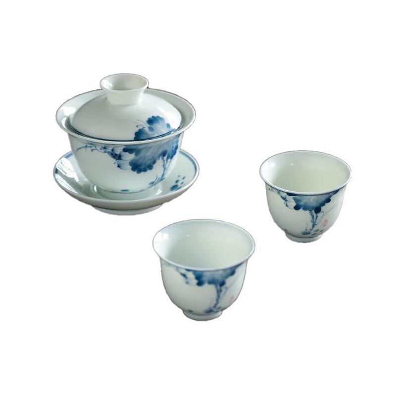 

Su s Ceramic Hand-painted Lotus Rhyme Tea Set 1 Gaiwan, 2 Teacups