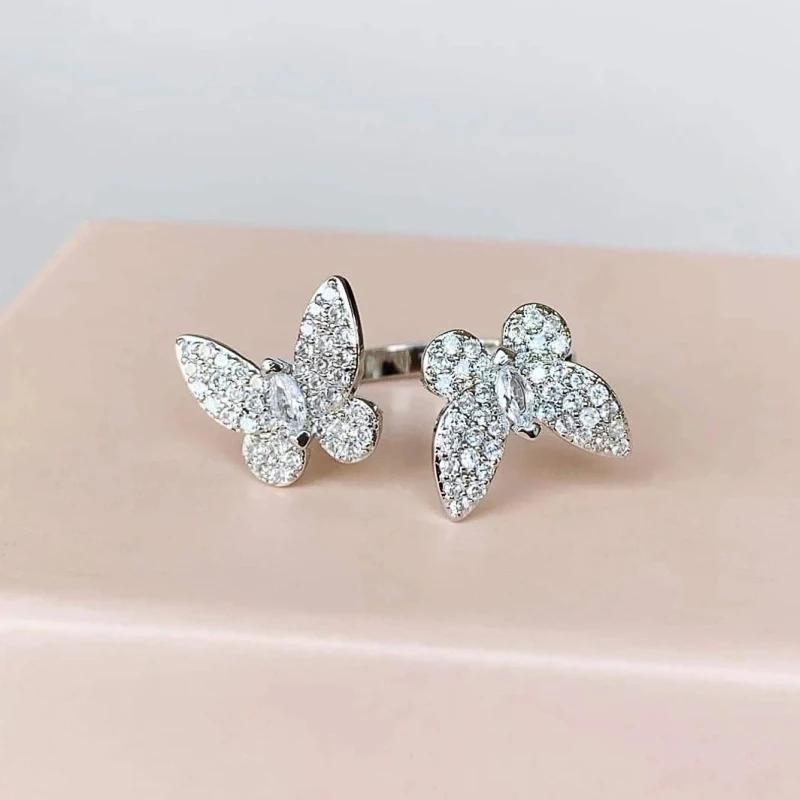 Huitan Sweet Double Butterfly Opening Rings Female Brilliant Delicate Cubic Zircon Accessories Delicate Elegant Wedding