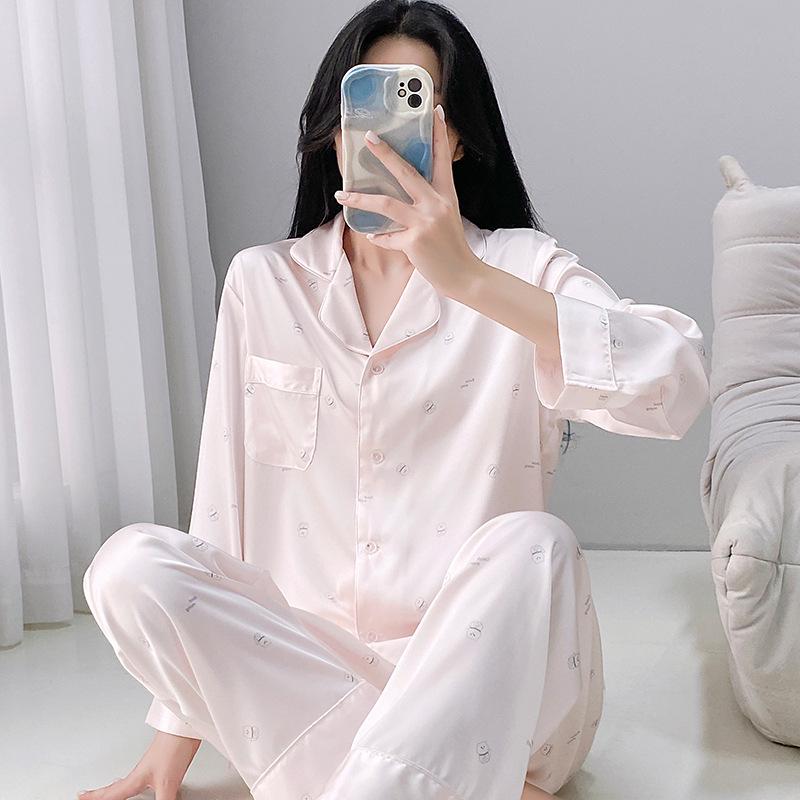 Women's Autumn/Winter Ice Silk Cartoon Pajamas, Korean-Style Sweetheart Set - Long Sleeve & Pants