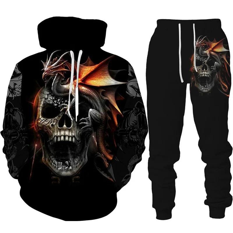Drache 3D Druck Herren Totenkopf Kapuzenpullover Sets Trainingsanzug/Hose Herbst Winter Langarm Pullover Anzug Punk Lässig Übergröße Hohe Qualität