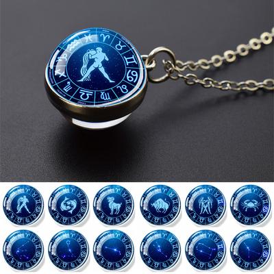 Znaki Zodiaku Łańcuszki Naszyjniki 12 Konstelacji Planeta Szklana Kula Wisiorek Dwustronny Kobiety Baran Lew Panna Byk Biżuteria Prezent