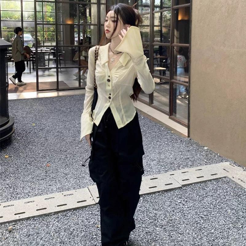 French Pure and Alluring Design Long-sleeve Shirt for Women, Spring/summer Slimming Short Spicy Girl Top with Lace-up Straps