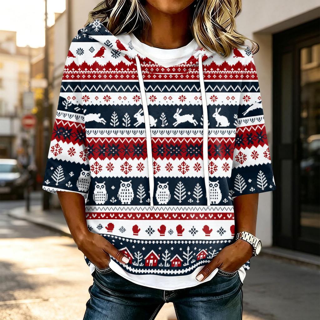 Women's Casual 3/4 Sleeve Hooded T-Shirt with Christmas Print