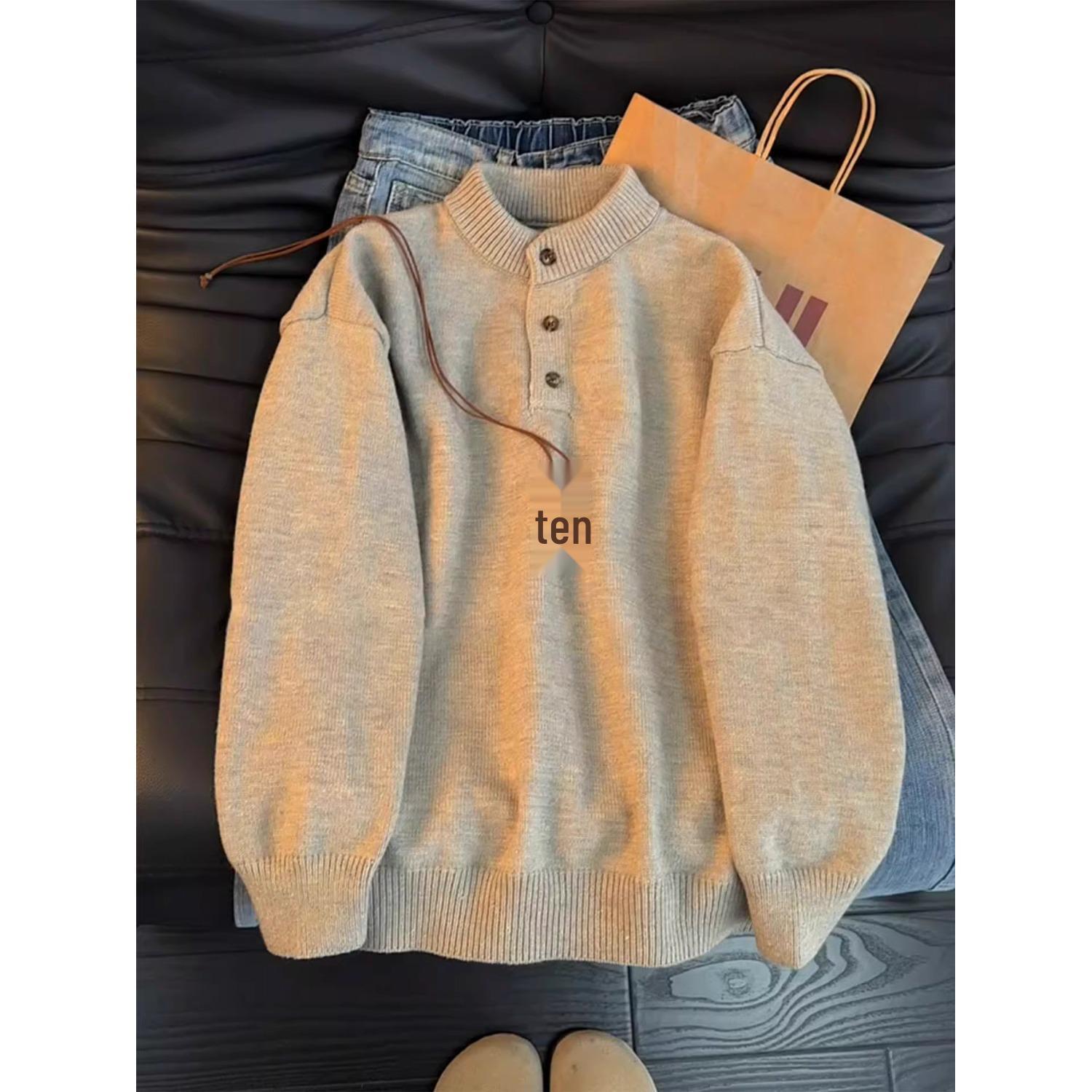 Men s Retro Light Gray Henley Knitwear - Winter Inner Layer Base Shirt M