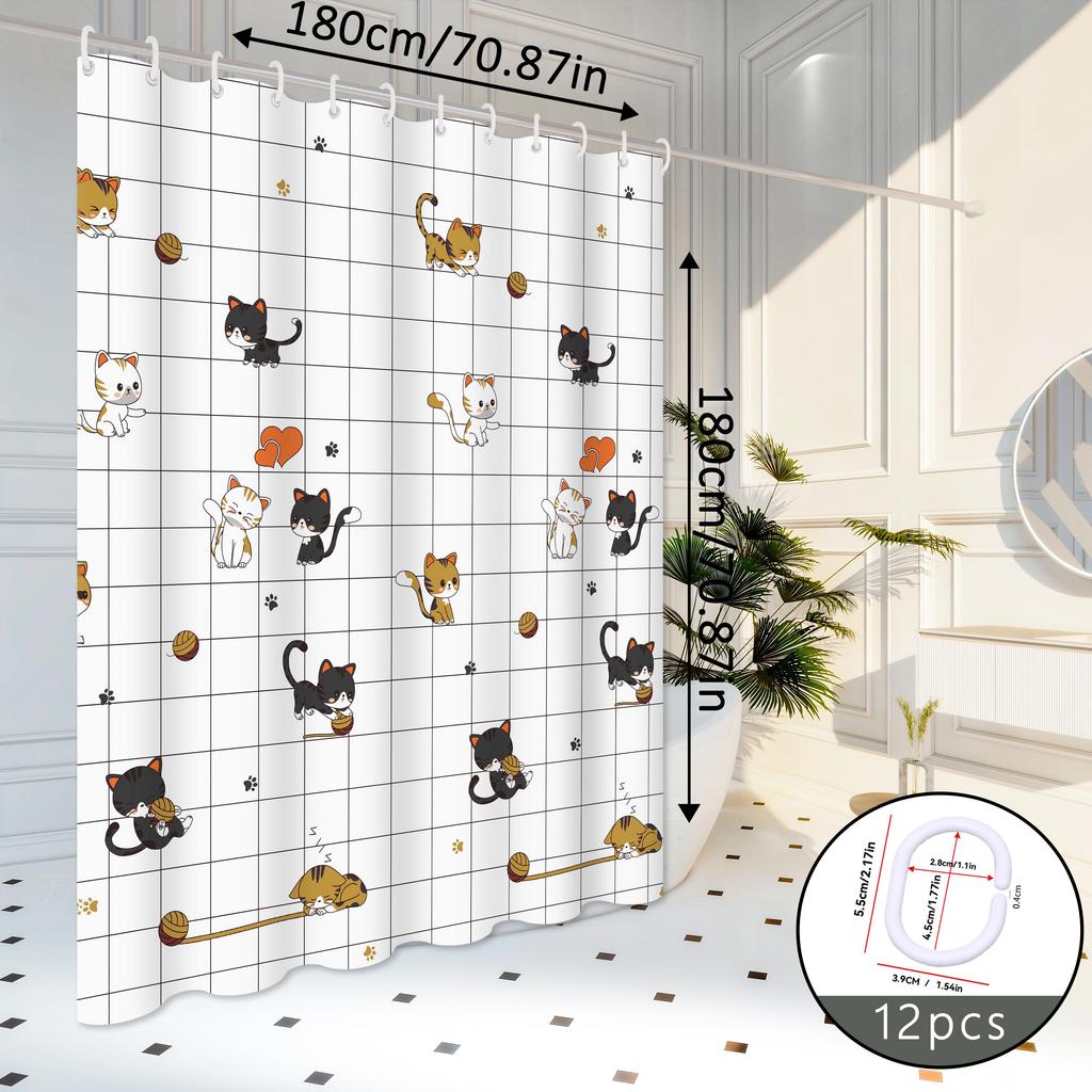 1 Piece of Cute Naughty Cat Pattern Bathroom Curtain, Partition Curtain, Adds a Cute Element to the Bathroom, Made of Peva Material, Easy to Clean