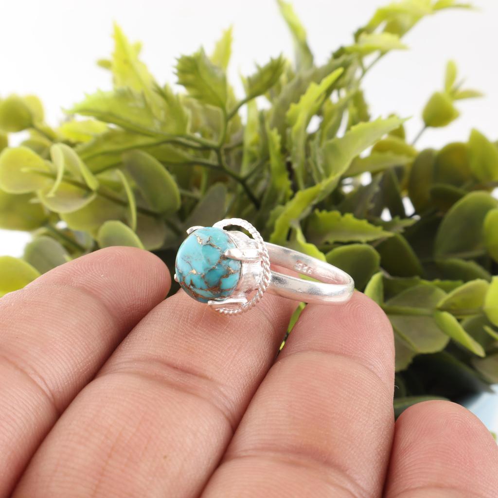 Handgefertigter Edelsteinring aus blauem Kupfer-Türkis, 925 Sterlingsilberring, zierlicher Silberschmuck, als Verlobungsgeschenk