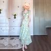 2026 French Elegant Green Floral Cap Sleeve Cinched Waist Dress