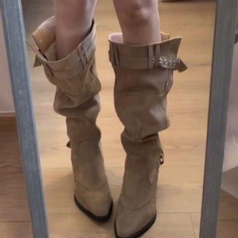 Retro Fashion Pointed Thick Heel Boots Women's 2025 New Autumn Versatile Thin Belt Buckle Stacked Boots