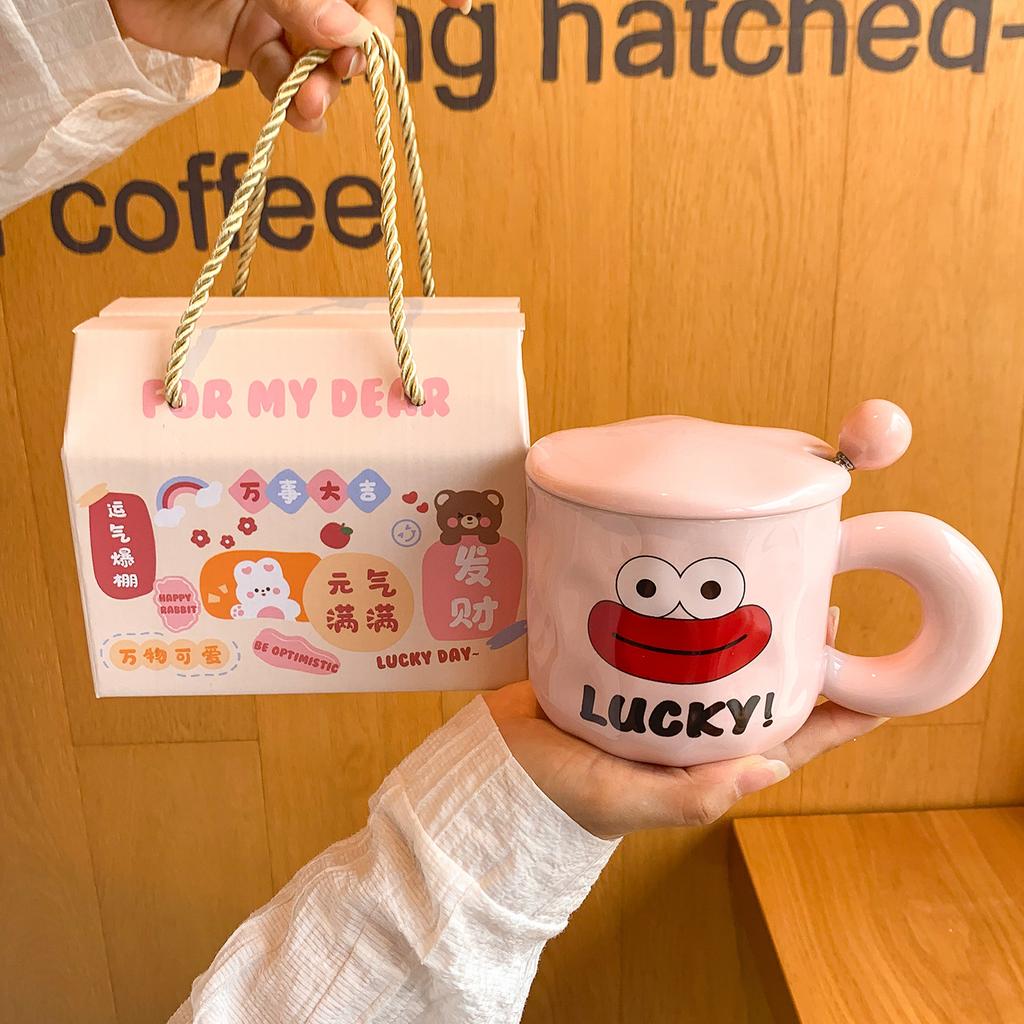 Cute Big Mouth Mug With Lid Spoon Ceramic Cup Girl Couple Water Cup Household Children Breakfast Coffee Cup Man