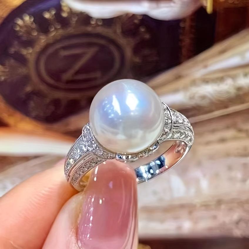 French vintage court-style pearl ring made of copper with micro-inlaid zircon, exquisite women's ring