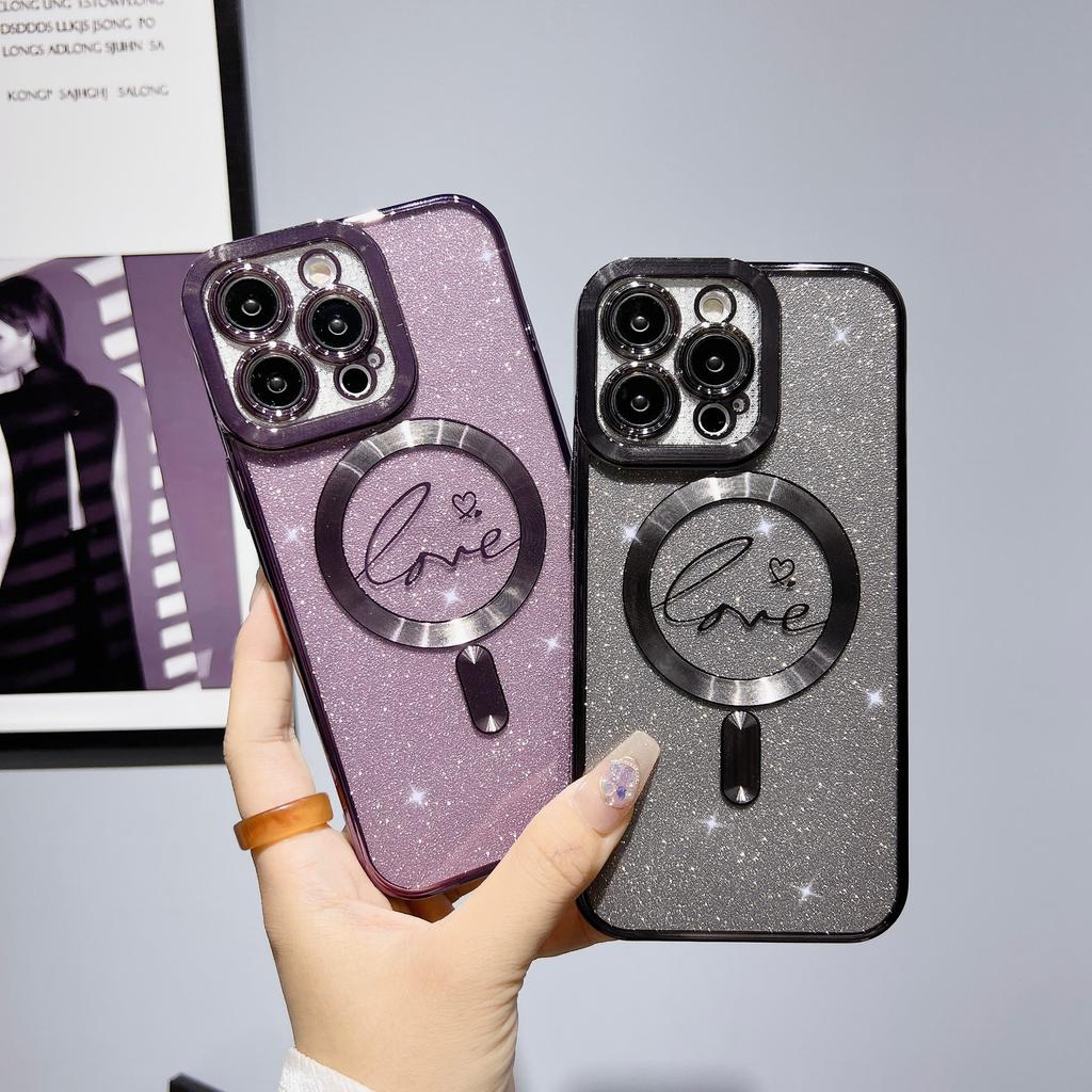 Electroplated Magnetic Soft Case for iPhone 15 Pro Heart Full Coverage Ins Apple 17 Gradient Glitter Phone Case Cover