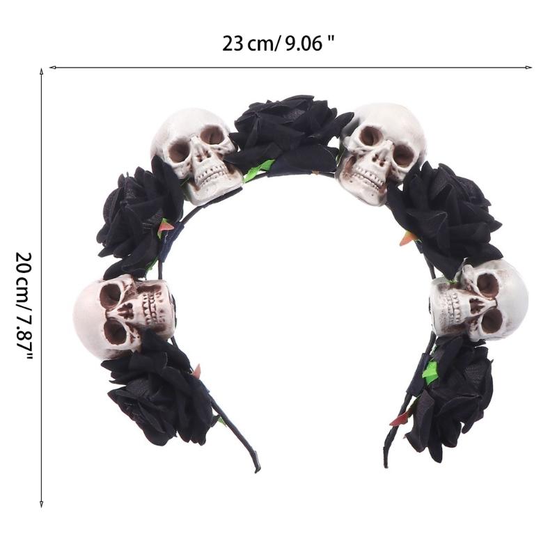 White Vintage Skulls Headdress Rose Headwear for Girls Halloween Hair Hoop Cosplay Ghost Rose Hair Hoop
