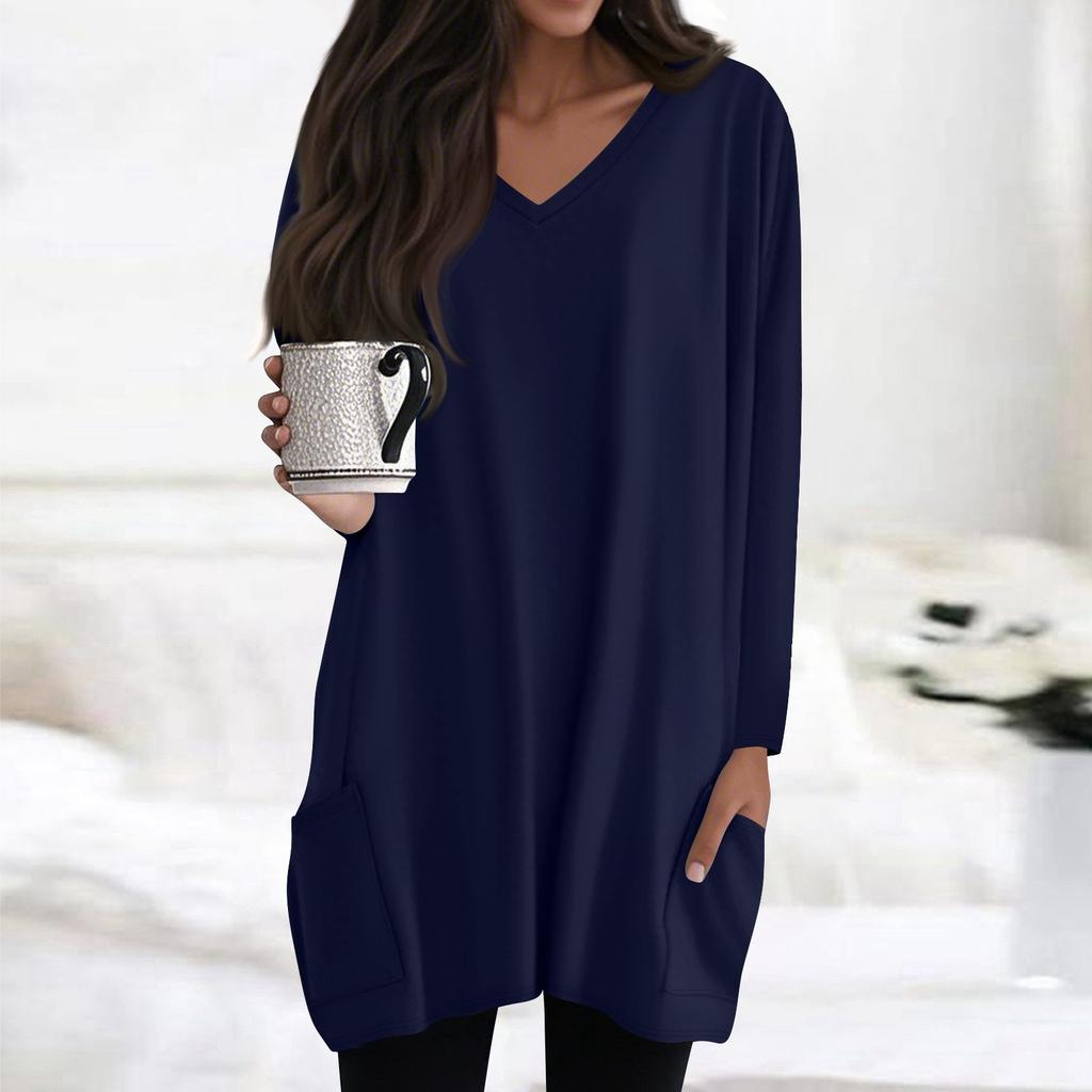 Damen Oberteile V-Ausschnitt Langarm Blusen Lässige Mittellange Hemden Mode Druck Tunika Oberteile Mit Taschen