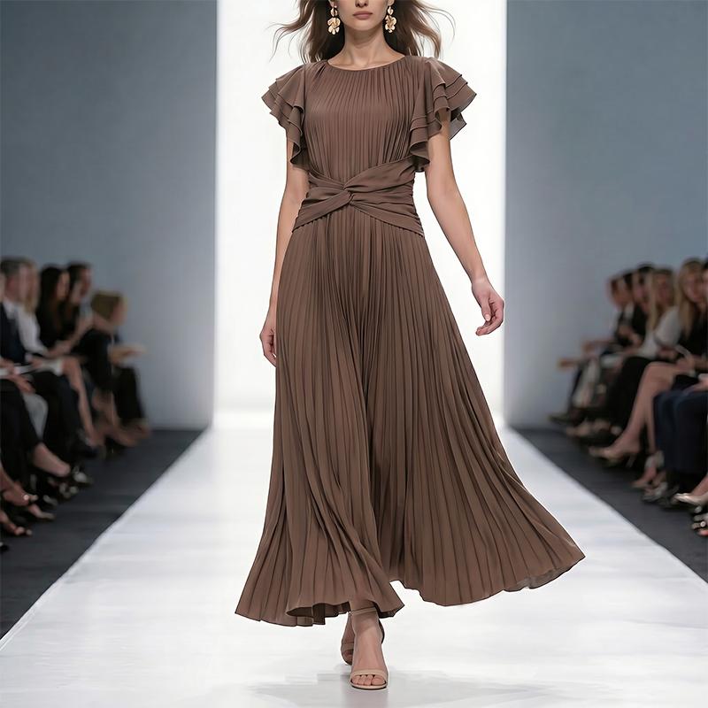 ZANZEA Women Casual Round Neck Ruffles Short Sleeve Loose Pleated Long Dress 2XL светло-коричневого
