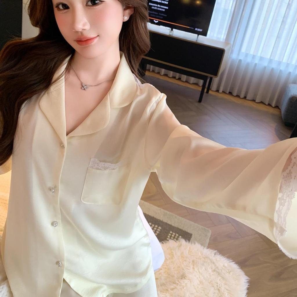 2026 Women's Luxury Ice Silk Lace Hollow Long Sleeve Pajama Set