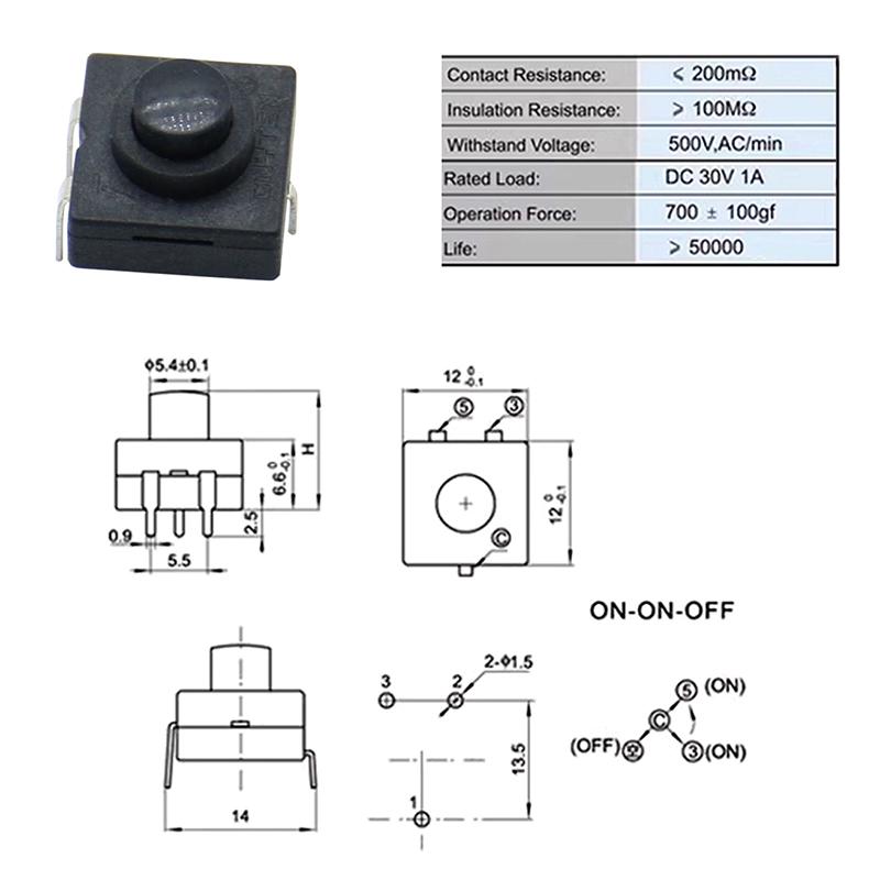 10Pcs 12X12Mm Flashlight Button Switch 3 Legged Vertical Straight Insertion Two On And One Off Black Button Switch