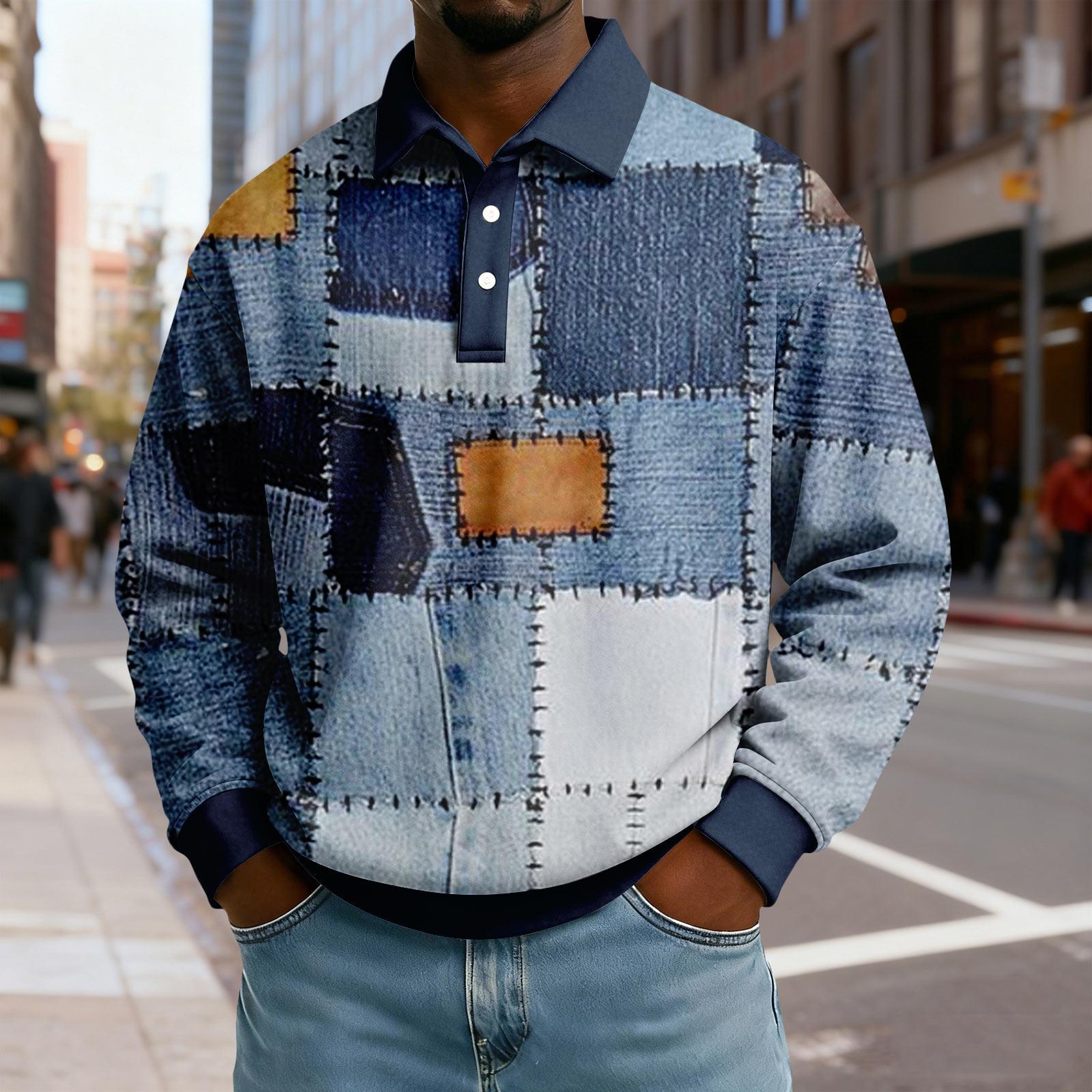

Men Patchwork Print Long Sleeve Polo Collar Sweatshirt Casual Relaxed Fit Pullover Top with Button Placket Design M синий