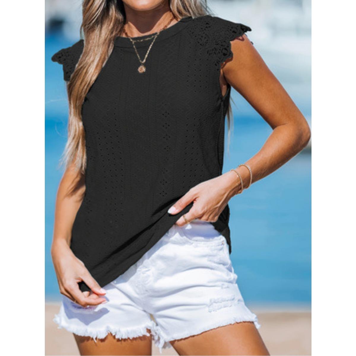 

Summer Women s Lace Insert Eyelet Short Sleeve T-Shirt, Casual Tops For Women, European American Style XXL чорний
