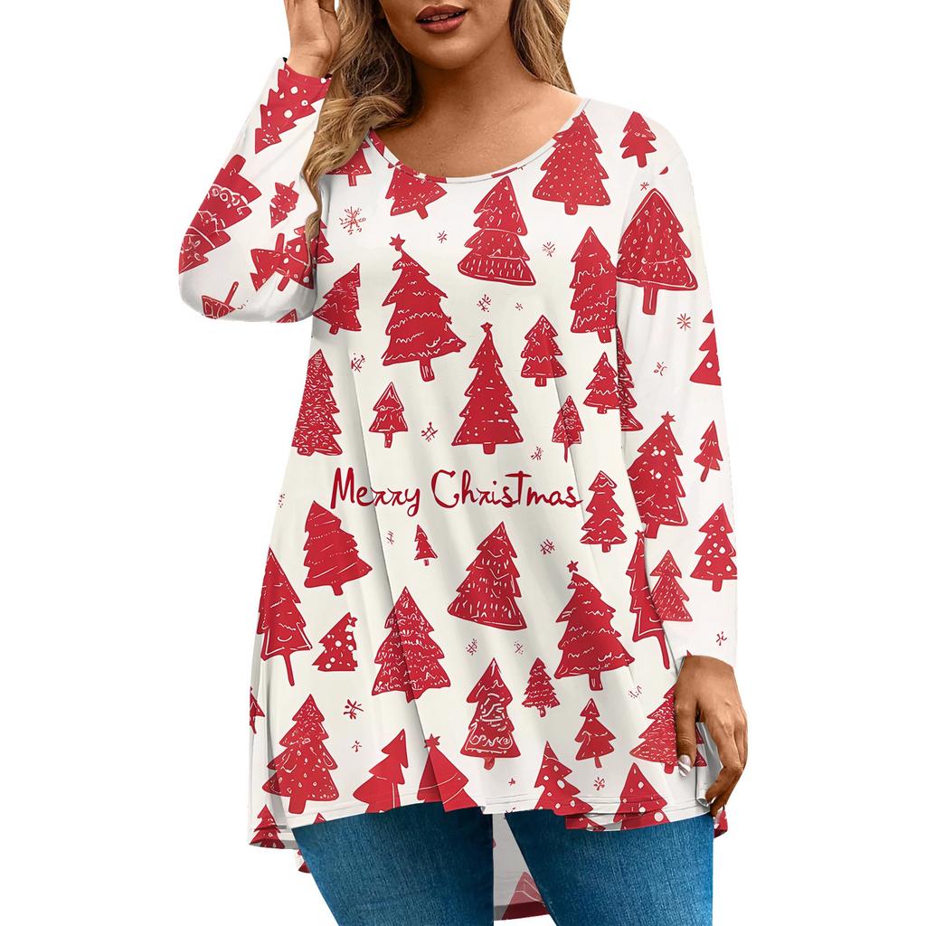 Women's Fashion Large Size Round Neck Long Sleeve Casual Christmas Print Loose Pullover Top