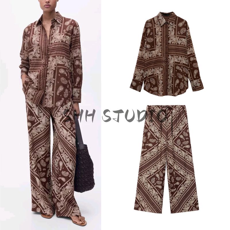 Cotton Straight-leg Loose Print Casual Shirt 87017183 Mid Waist Mop Wide Leg Pants 87027177