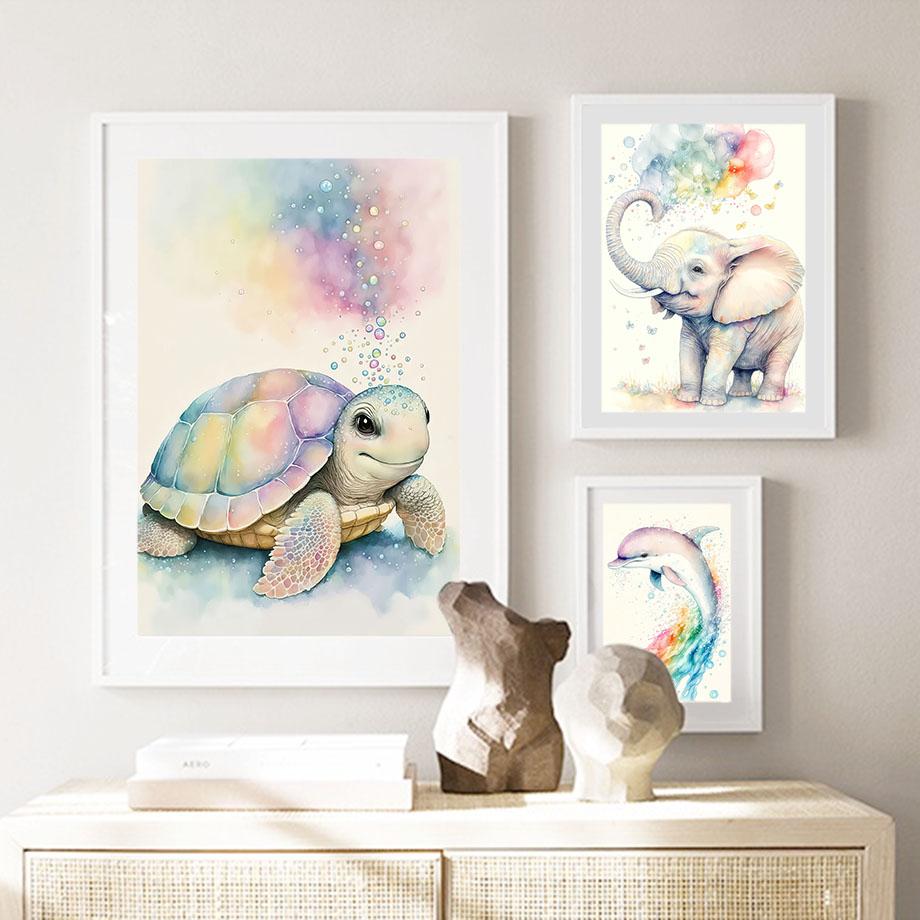Watercolor Elephant Dolphin Owl Turtle Sheep Poster Nordic Wall Art Print Canvas Painting Cartoon Pictures Baby Kids Room Decor