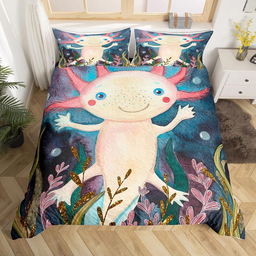 Axolotl Duvet Cover Set Pink Newt Wildlife Comforter Cover With Pillowcases Cartoon Octopus Animal Kawaii Style Twin Quilt Cover