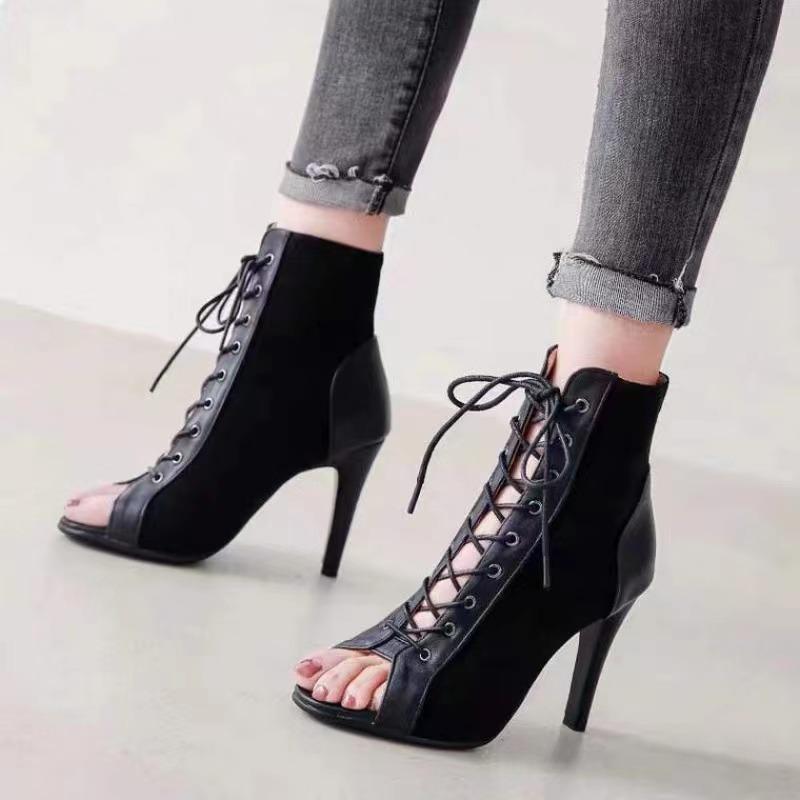 Shoes for Women 2024 Fashion Lace Up Women's Sandals Outdoor Solid Concise Open Toe High Heels Daily Fish Mouth Sandals Women