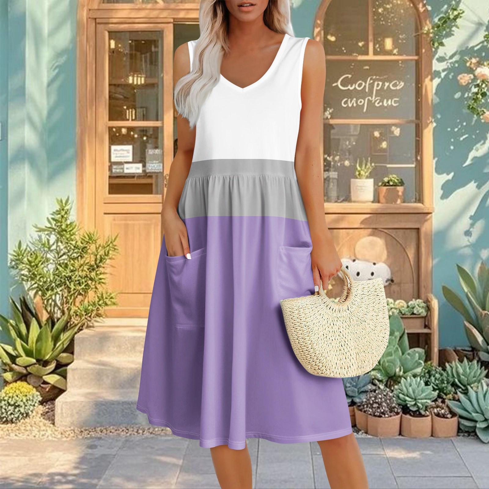 

Summer Casual Midi Dresses For Women Vocation Elastic Waist Sleeveless Knee Length Sundress With Pockets Loose Fit L