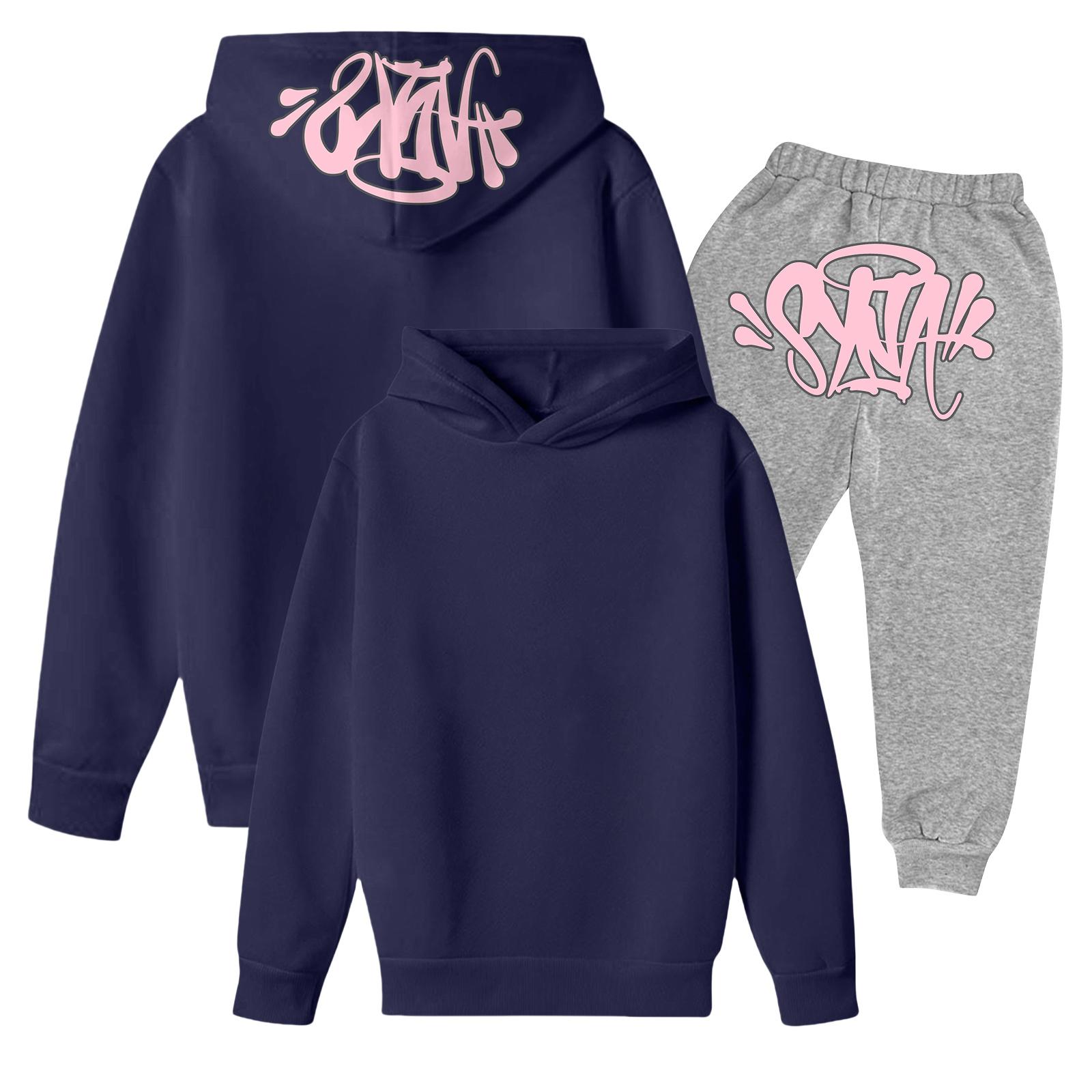 

Kids Long Sleeve Loose Pullover Letter Print Drawstring Hooded Sweatshirt Set 140 тёмно-синий