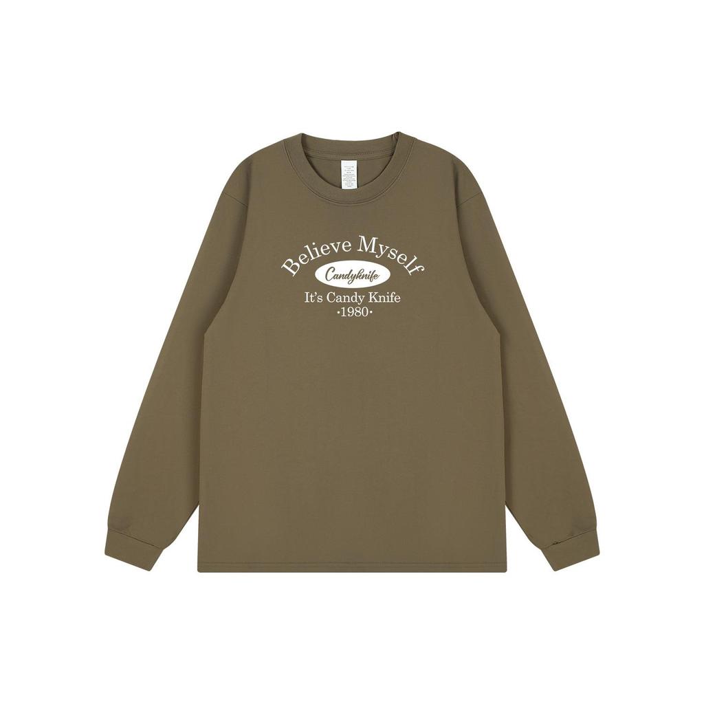 Trendy Unisex Hong Kong Style Logo Print Long Sleeve Cotton T-Shirt with Ribbed Cuffs