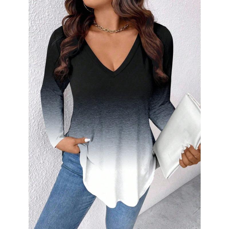 V-neck Cat Gradient Print New Style Daily Casual Long-Sleeved T-Shirt