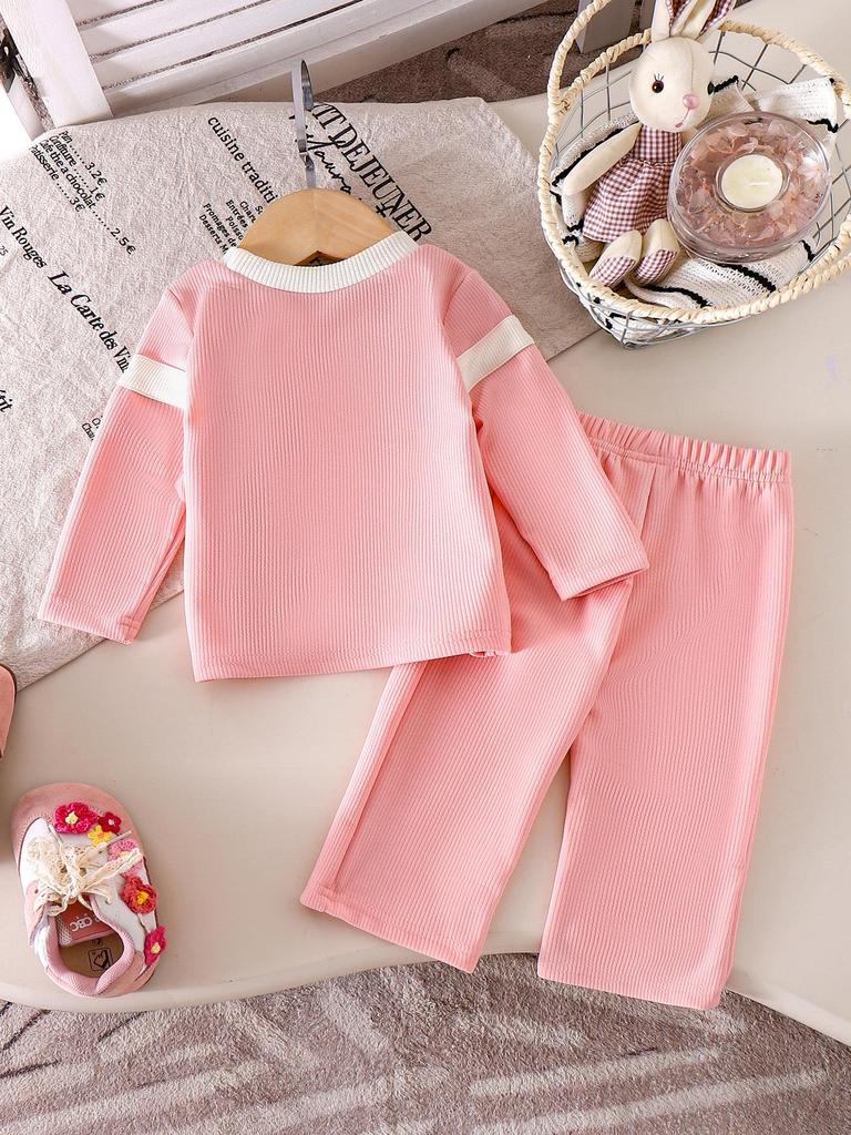Pink Long-Sleeve Shirt & Pants Set for Girls - European & American Style