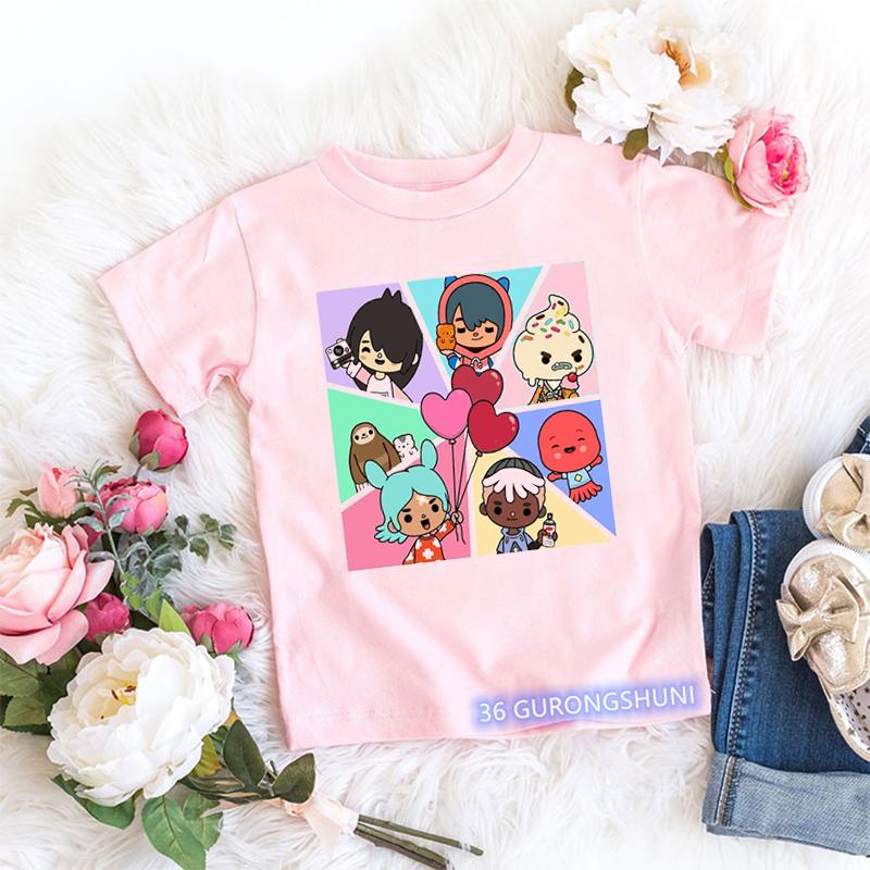 Magliette Kawaii per Bambini Divertenti Stampa Cartone Animato Mondo Toca Videogioco Maglietta per Bambini Piccoli Moda Estiva Magliette per Bambine Top Rosa