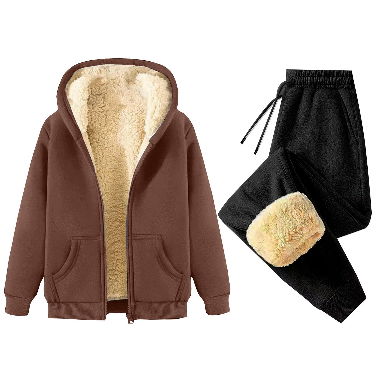 

Женская мода однотонная и зимняя утепленная толстовка с капюшоном на молнии, куртка, спортивные штаны, повседневный комплект из двух предметов M коричневый
