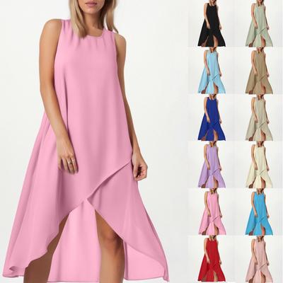 Women's Loose Casual Fashion Square Round Neck Solid Color Dress Beach Skirt Slit Side Sleeveless Cotton And Linen Skirt