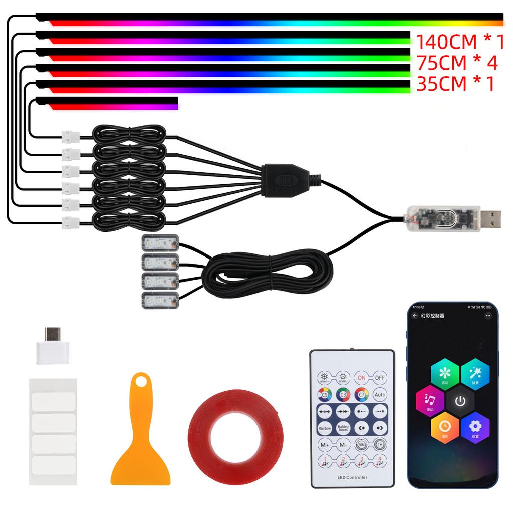 10 in 1 Car LED Acrylic Light Strip RGB Symphony Auto Interior Strip Lights Remote/APP Control Decorative Atmosphere Lamp