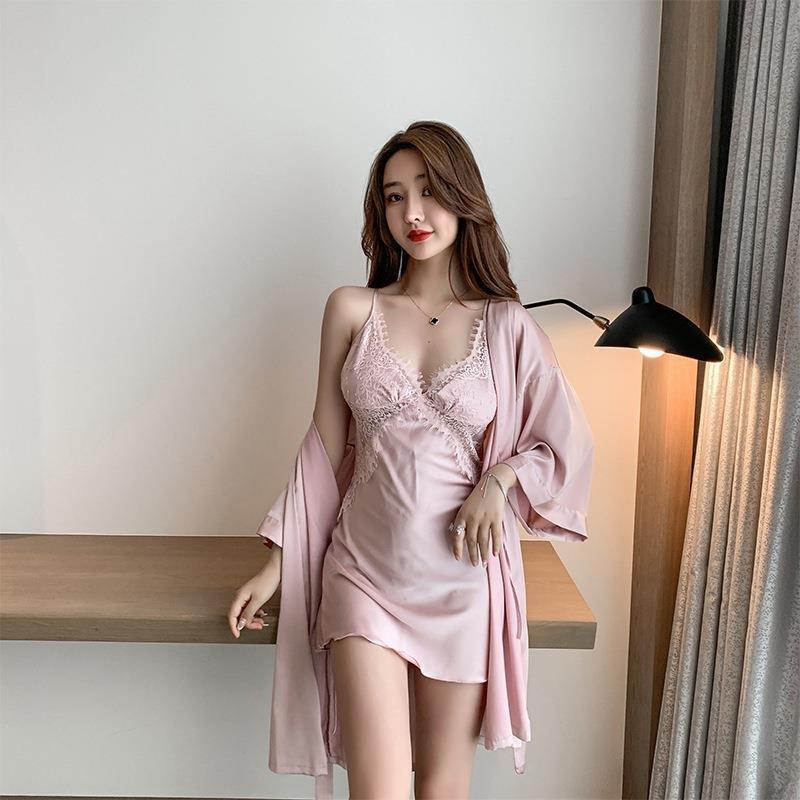 Sexy Pajamas Women's Ice Silk Thin with Chest Pad Lace New Year's Suspender Nightdress Two-piece Summer New Product