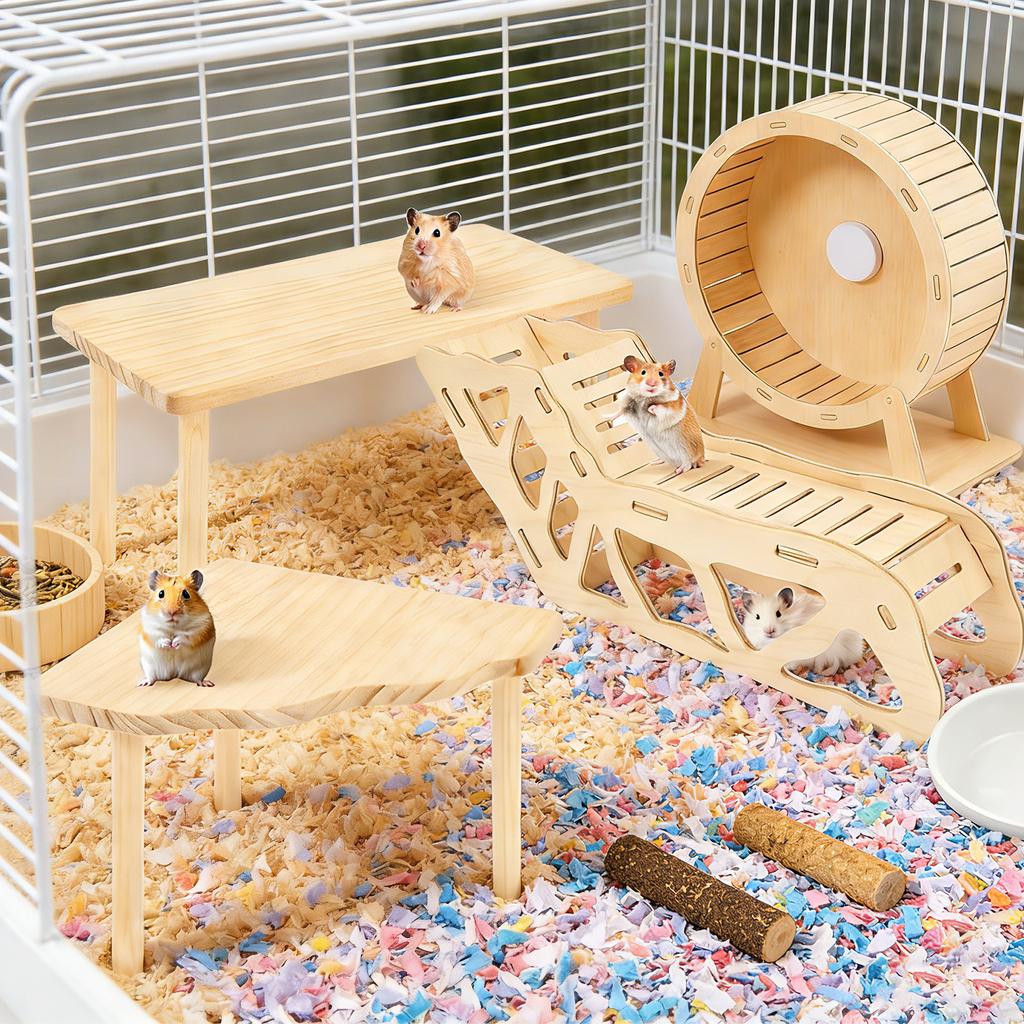 3Pcs Hamster Wooden Ladder Platform with Ramp Tunnel Shelter Hamster Climbing Toy Small Pets Stairs Toy Mice Cage Accessories
