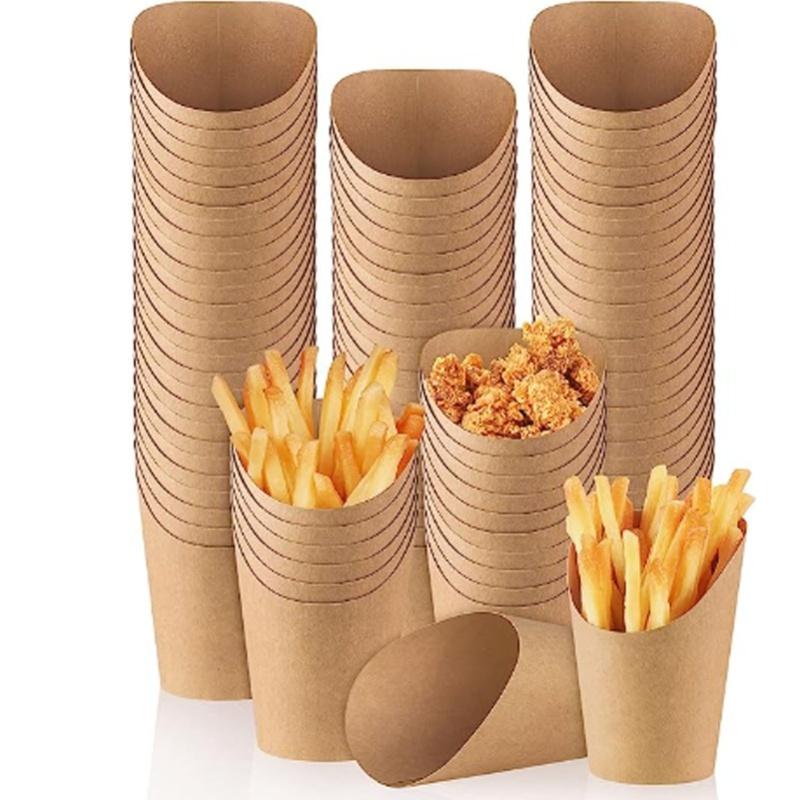 50Pcs French Fries Holder Waterproof Kraft Paper Oblique Mouth Oil Resistant Popcorn Box For Take Out Party Family