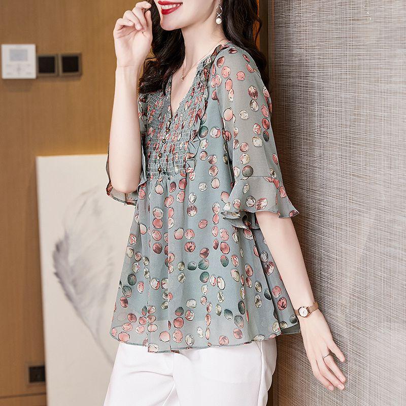 V-Neck Half Sleeve Printed Shirt Spring Summer Korean Female Clothing Spliced Chic Three-dimensional Decoration Blouse