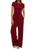 Solid Color Casual Long Sleeve Set Top High Waisted Wide Leg Pants Sportswear