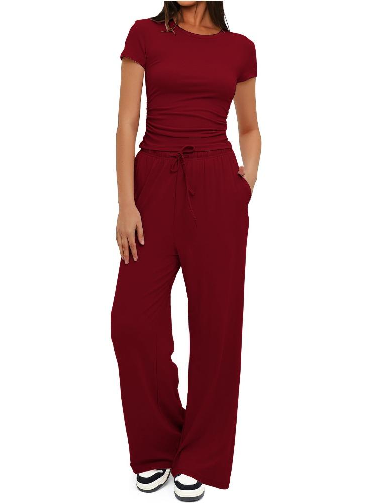 Solid Color Casual Long Sleeve Set Top High Waisted Wide Leg Pants Sportswear